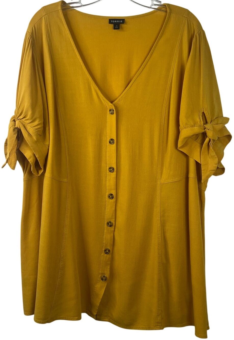 Torrid Mustard Yellow Bow-Tie Short Sleeves Casual Summer Top Size 3 (3X/22-24)